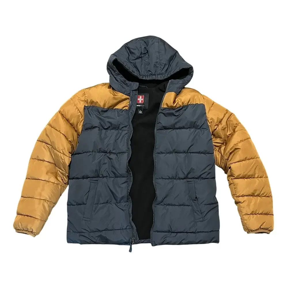 Swiss Tech Hooded Puffer Jacket Youth XL 14-16 Gray/Gold Color Fleece Lined